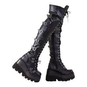 Women Black Goth Over-Knee Lace-Up Boots Chunky Heel Size 6-6.5 Zip-Buckle